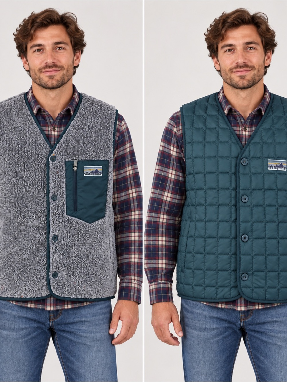 Patagonia Reversible Vest Gray Fleece Teal Quilted Button Front Outdoor Gorpcore